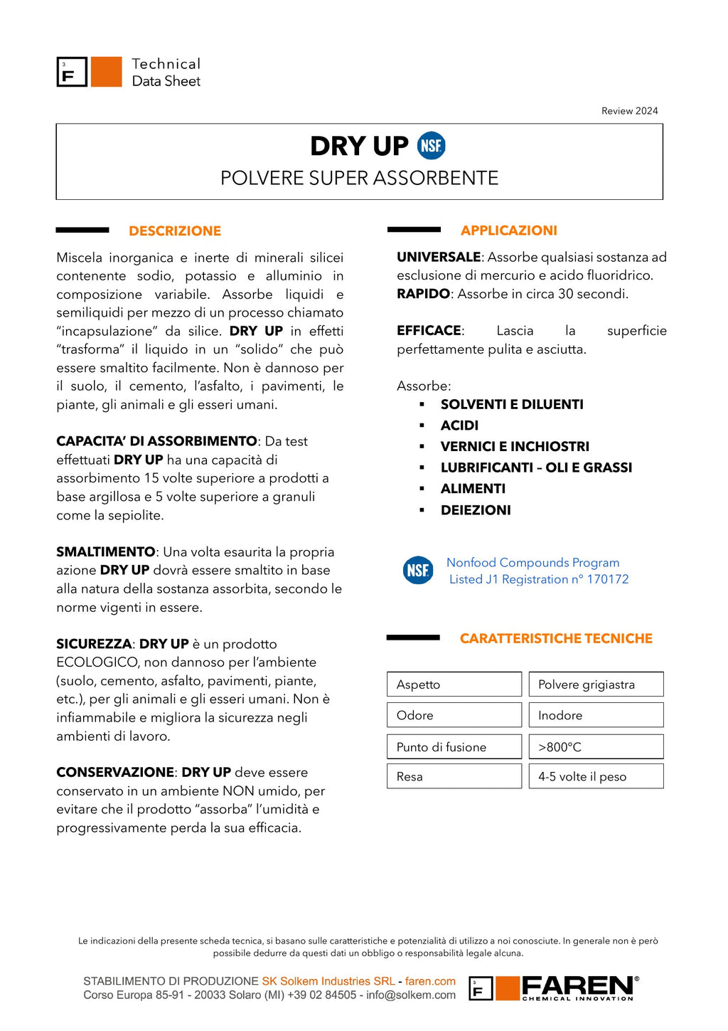Dry Up FAREN Polvere Super Assorbente Liquidi Oli Vernici Acidi 900 g