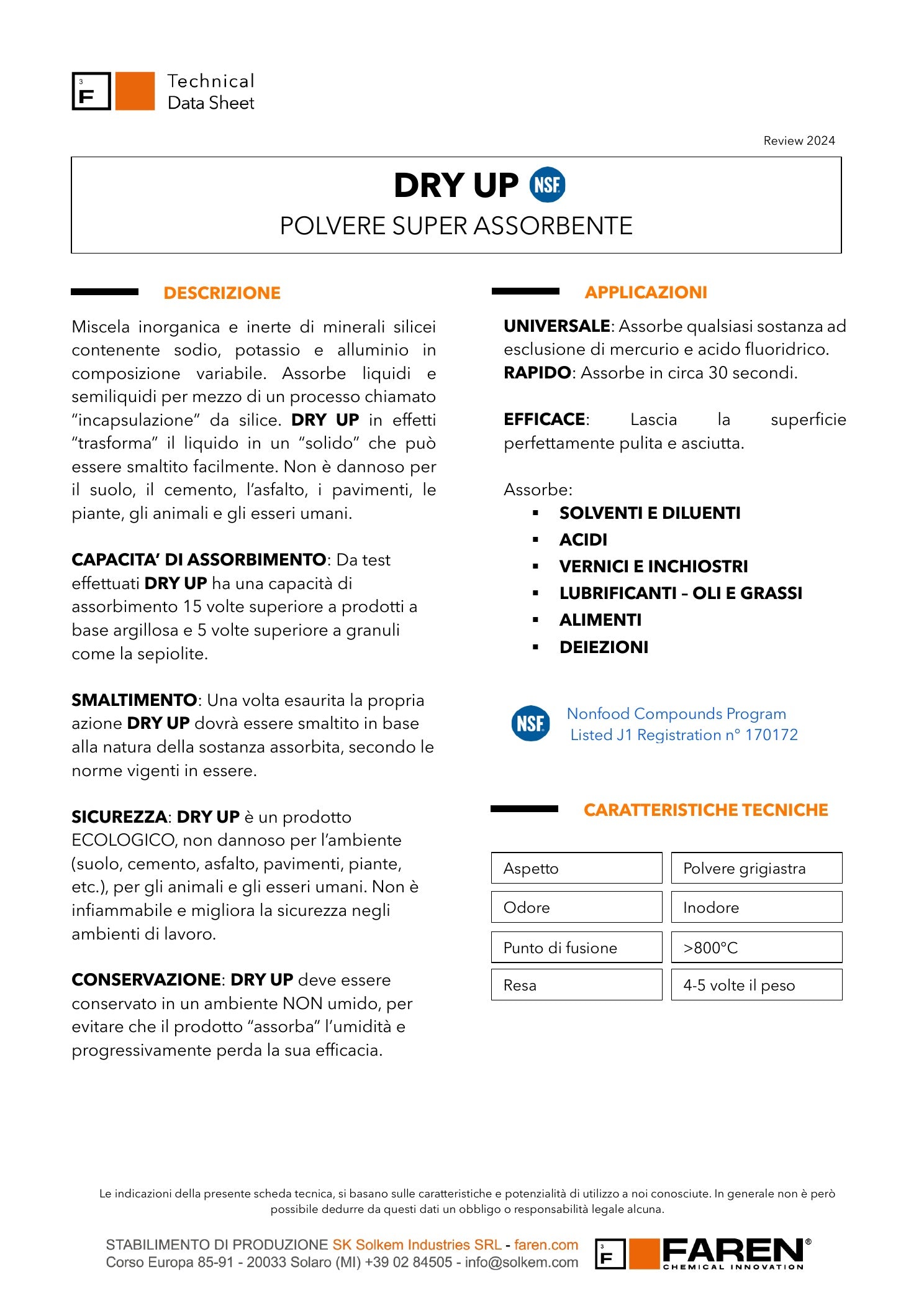 Dry Up FAREN Polvere Super Assorbente Liquidi Oli Vernici Acidi 900 g