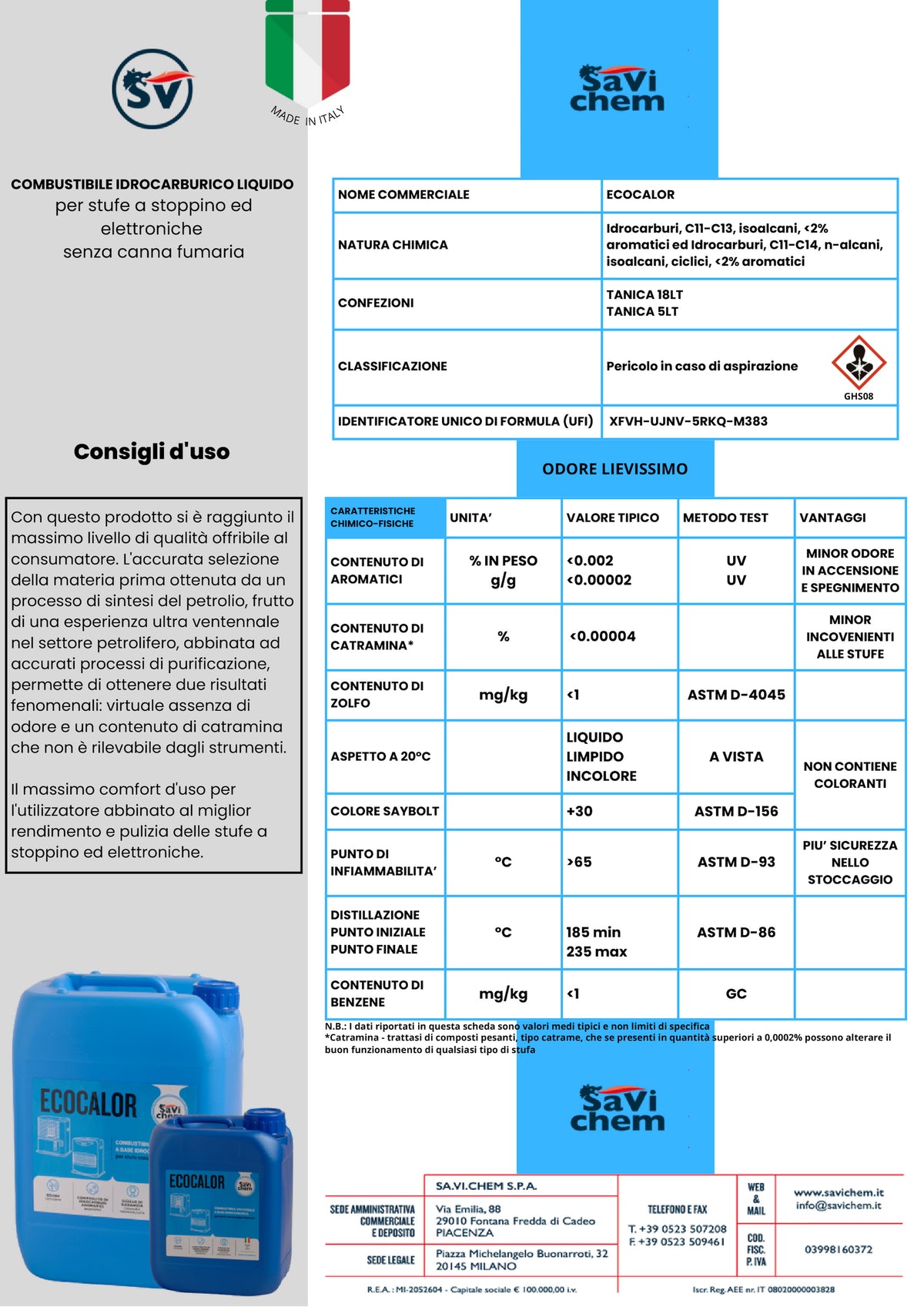 Ecocalor Inodore 18 L Savichem – Combustibile per Stufe Tappo Blu