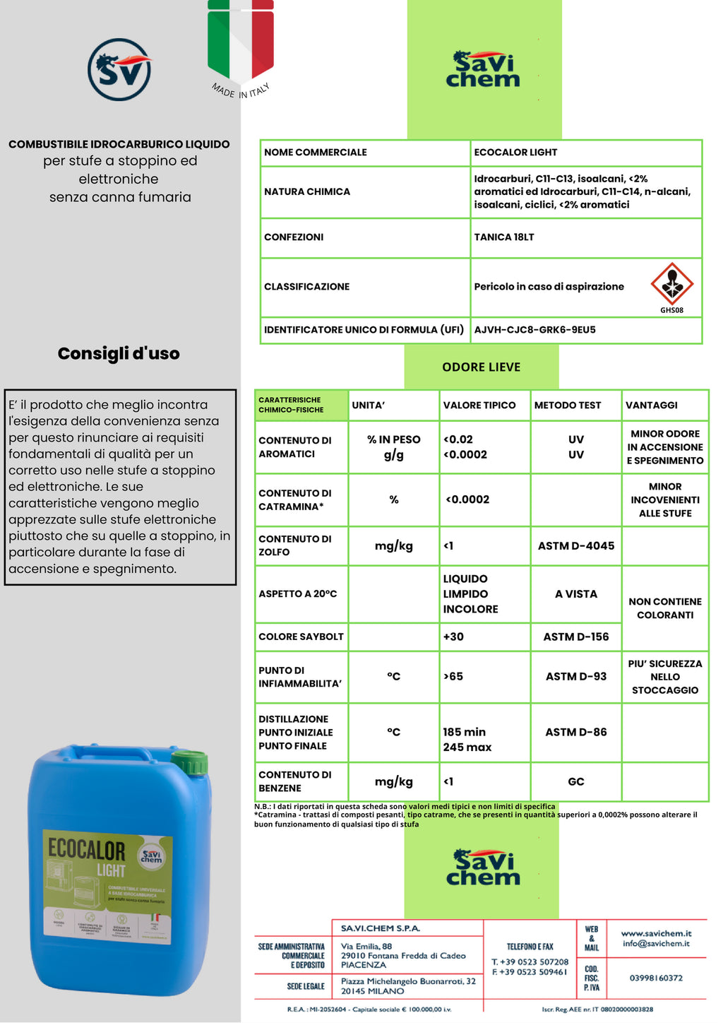 Savichem Ecocalor Light 18 L – Combustibile liquido per stufe a petrolio
