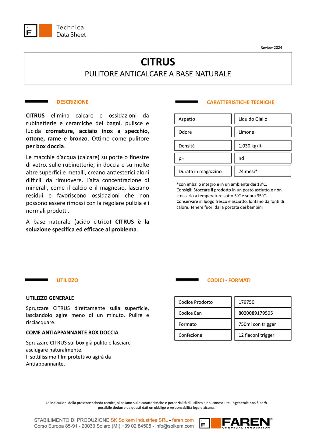 Faren Citrus – Detergente Anticalcare Multiuso 750 ml