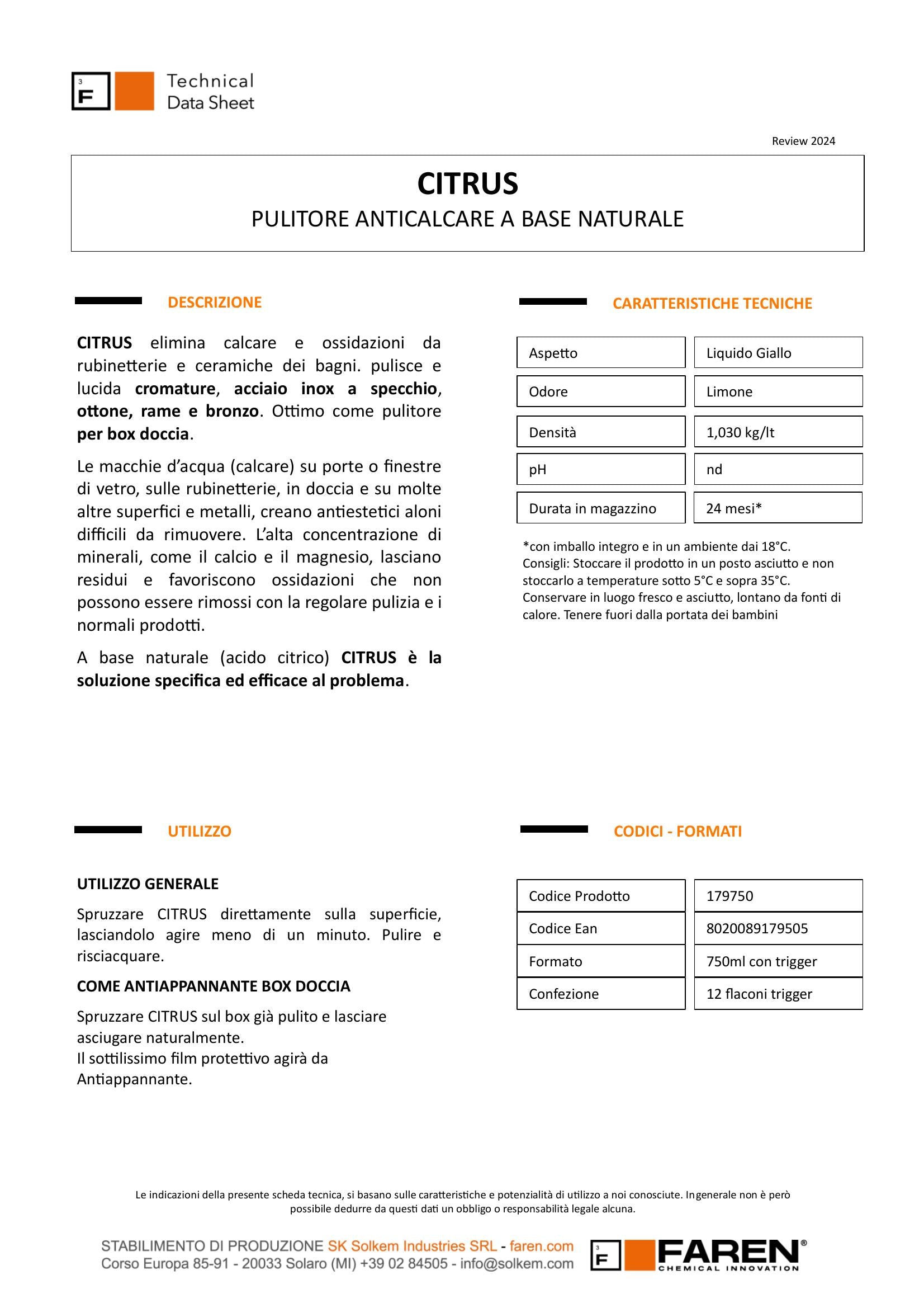 Faren Citrus – Detergente Anticalcare Multiuso 750 ml