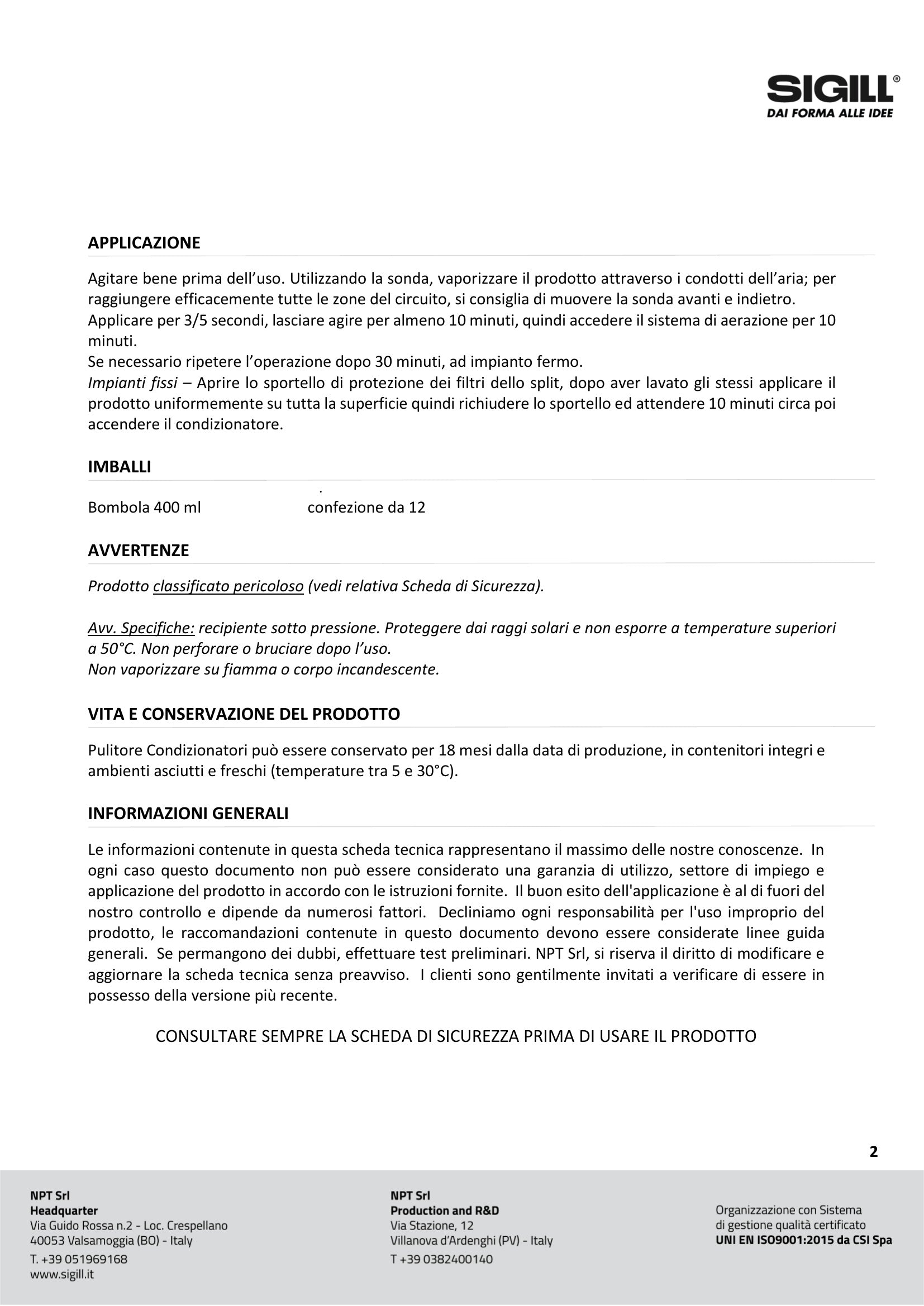 Igienizzante sigil condizionato schiuma
